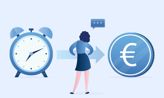 Illustration einer Frau zwischen Wecker und Euro-Symbol – symbolische Darstellung von Time to Market, Effizienz und schneller Markteinführung.