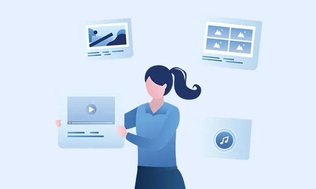 Die Illustration zeigt eine Frau mit Pferdeschwanz, die eine Karte hält, auf der ein Videosymbol zu sehen ist. Um sie herum sind drei weitere Karten zu sehen, auf denen Bilder mit Text und ein Podcast-Symbol zu sehen ist.