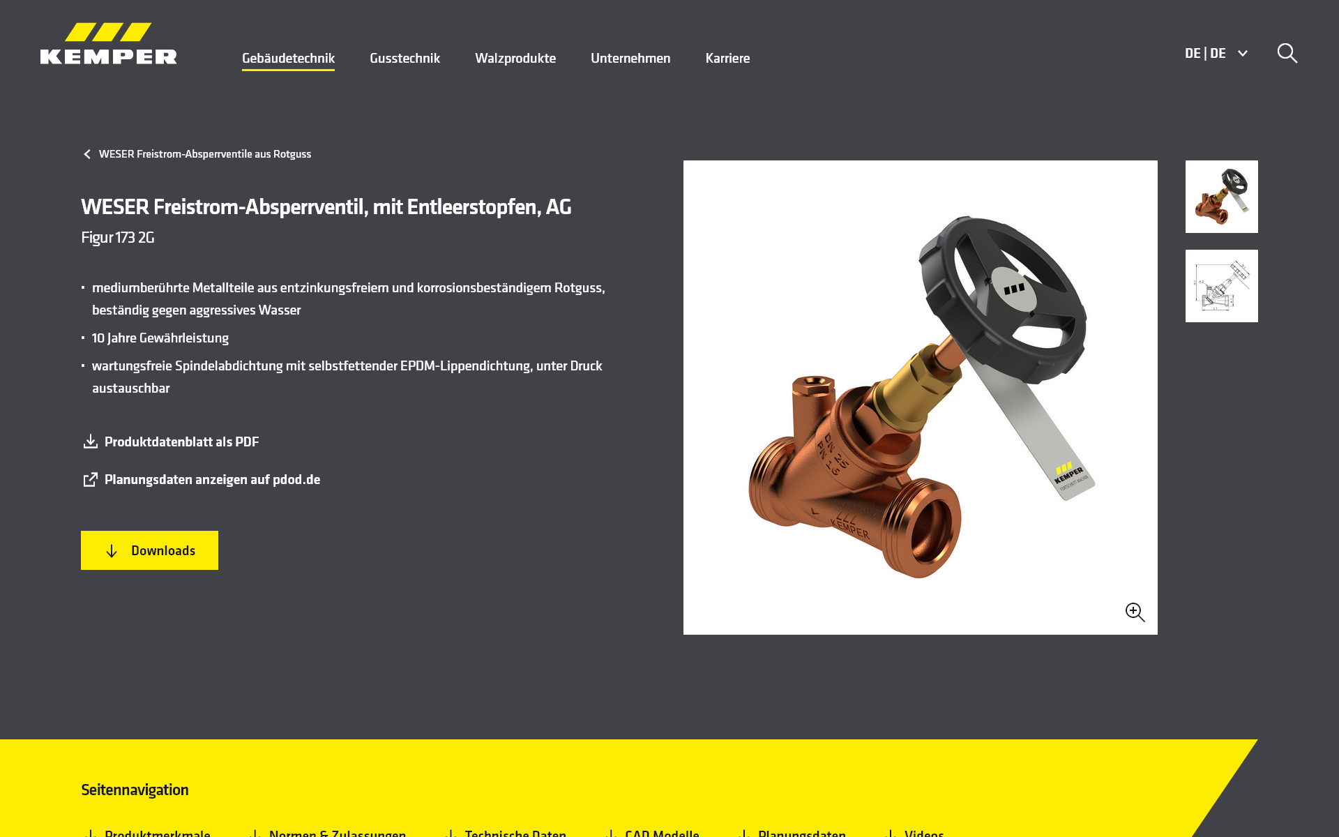 Auf dem Bild ist die Produktansicht im Onlinekatalog von KEMPER zu sehen. Dabei können Bilder, Grafiken und technische Daten zum Produkt abgerufen werden.