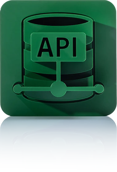 Das Symbol ist unicolor grün und zeigt eine Datenbank mit einem Etikett, auf dem „API“ steht. Die Darstellung ist stilisiert und befindet sich in einem Quadrat mit abgerundeten Ecken. Dieses Icon steht für den API-Server von crossbase.