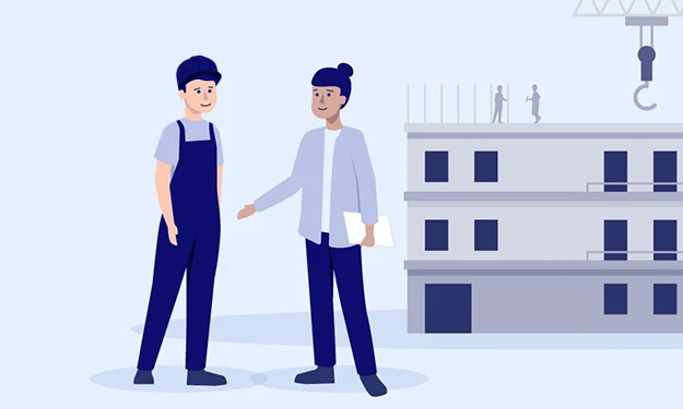 Illustration von zwei Personen auf einer Baustelle: Links steht ein Bauarbeiter, rechts eine Planerin mit Schreibblock. Im Hintergrund ist ein mehrstöckiges Gebäude im Rohbau mit einem Baukran zu sehen, auf dem Dach arbeiten weitere Personen. Die Szene symbolisiert Zusammenarbeit auf der Baustelle zwischen Handwerk und Planung.