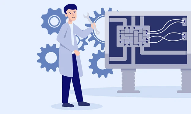 Illustration einer Person mit dunklen Haaren und Laborkittel, die einen Schraubenschlüssel hält. Im Hintergrund befinden sich mehrere Zahnräder. Rechts im Bild ist ein großes Display mit einer Schaltung zu sehen. Die Darstellung symbolisiert das Arbeiten in der Branche Maschinenbau und Elektrotechnik.