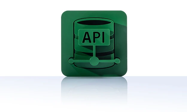 Das Symbol ist unicolor grün und zeigt eine Datenbank mit einem Etikett, auf dem „API“ steht. Die Darstellung ist stilisiert und befindet sich in einem Quadrat mit abgerundeten Ecken. Dieses Icon steht für den API-Server von crossbase.