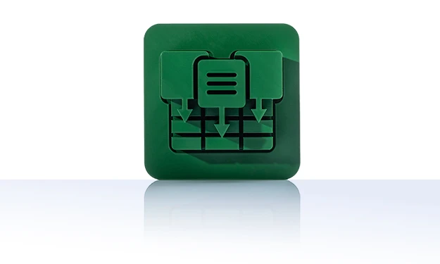 Das Symbol ist unicolor grün und zeigt zwei stilisierte Tabellen- oder Katalogsymbole mit Zeilenstruktur, die sich überlappen. Davor befindet sich ein Pfeil, der einen Exportvorgang andeutet. Es ist in einem Quadrat mit abgerundeten Ecken dargestellt. Dieses Icon steht für das Modul XML- und Excel-Konfigurator von crossbase.