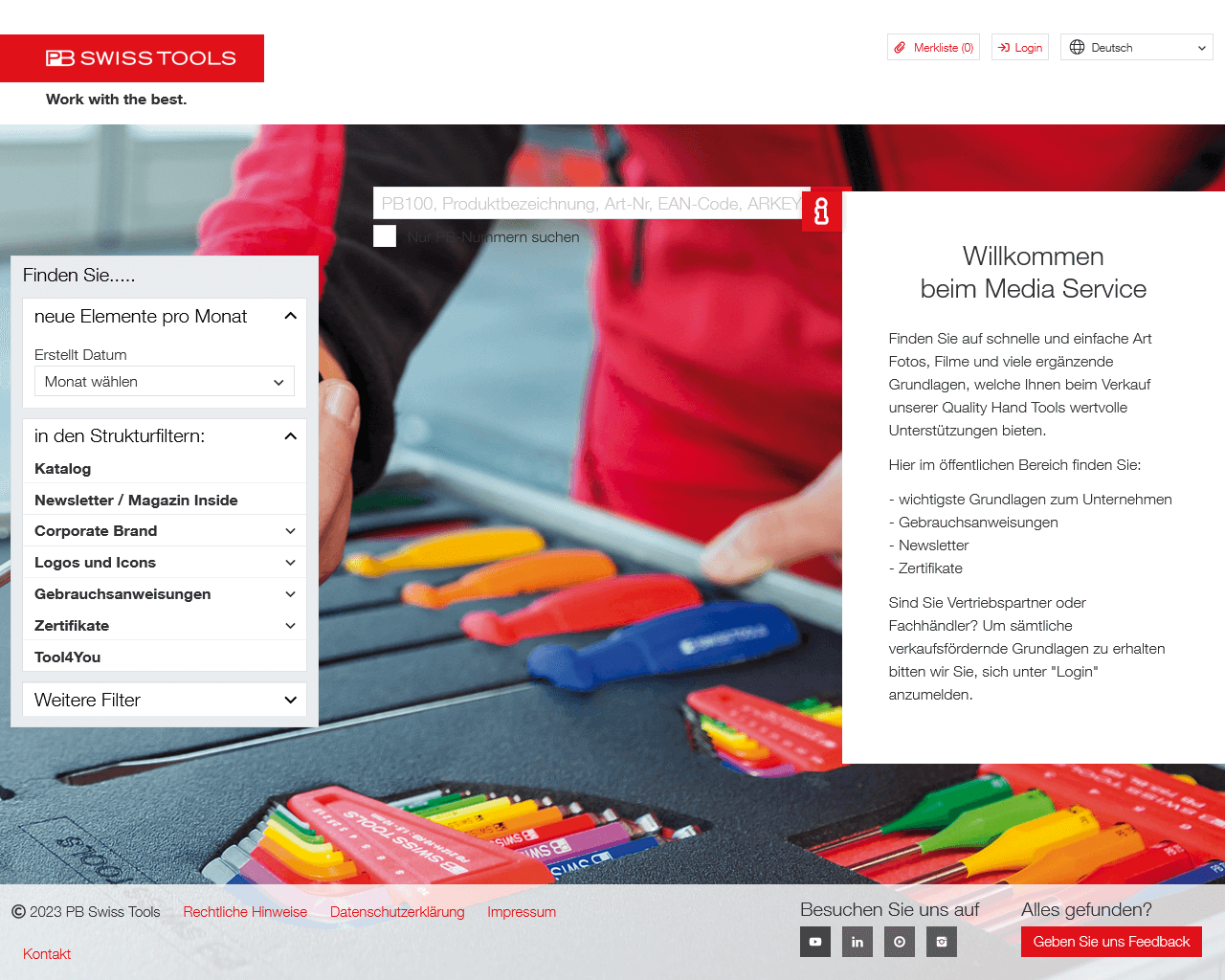 Screenshot der Einstiegsseite des PB Swiss Tools-Medienservices.
