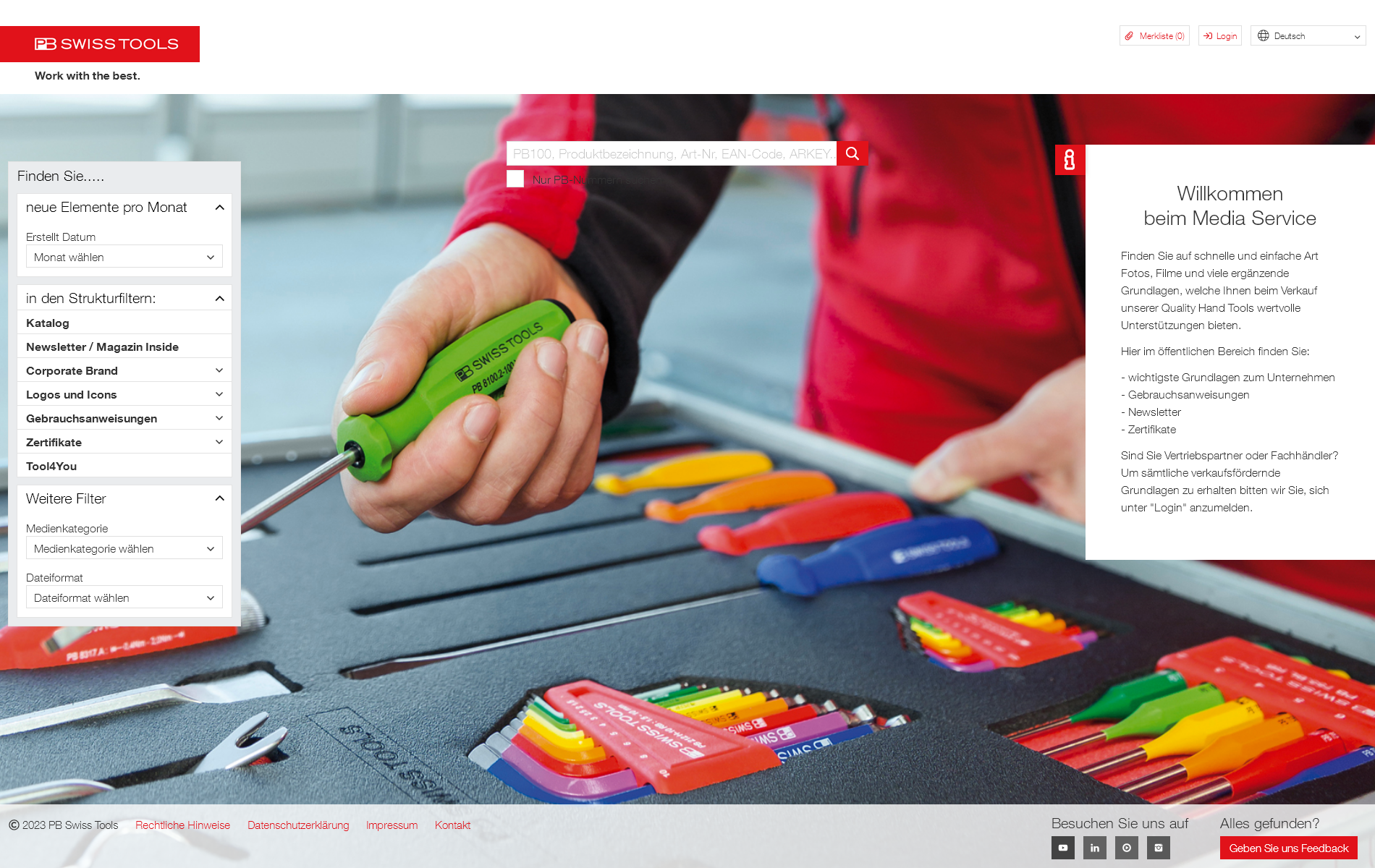Screenshot der Einstiegsseite des PB Swiss Tools-Medienservices.