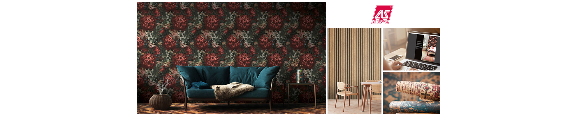 Ein Auszug aus dem Produktportfolio der A.S. Création Tapeten AG: Wohnzimmer mit floraler Tapete und blauem Sofa, daneben Detailbilder von Tapeten, moderner Holzeinrichtung und Laptop mit Tapetenmotiv.