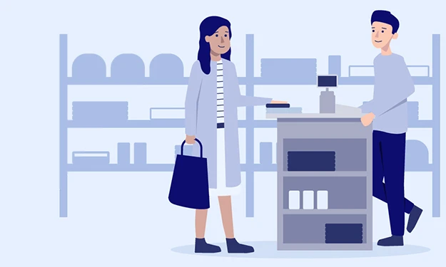 Illustration einer Verkaufsszene im Geschäft: Eine Frau mit Einkaufstasche steht an einem Verkaufstresen und spricht mit einem Verkäufer. Im Hintergrund sind Regale mit Produkten zu sehen. Die Szene bildet ein Einkaufserlebnis im stationären Handel ab und symbolisiert die Branche Konsumgüter.