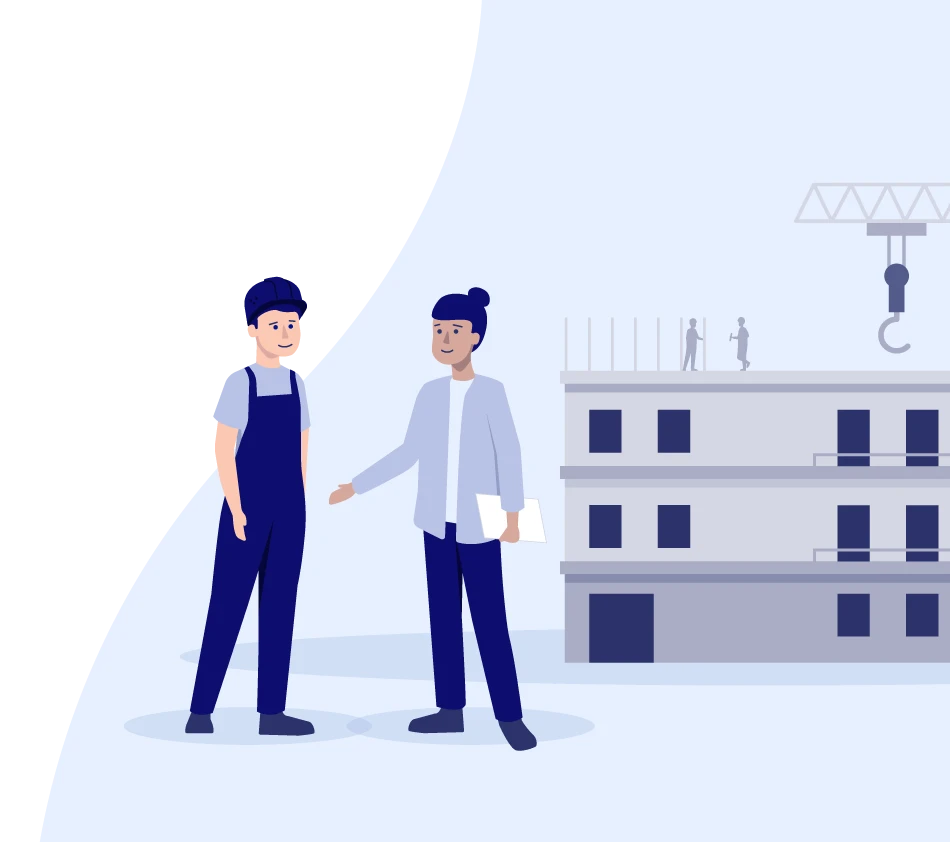 Illustration von zwei Personen auf einer Baustelle: Links steht ein Bauarbeiter, rechts eine Planerin mit Schreibblock. Im Hintergrund ist ein mehrstöckiges Gebäude im Rohbau mit einem Baukran zu sehen, auf dem Dach arbeiten weitere Personen. Die Szene symbolisiert Zusammenarbeit auf der Baustelle zwischen Handwerk und Planung.