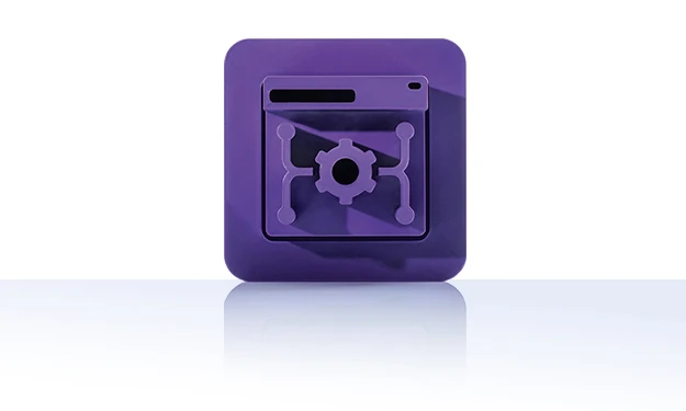 Das Symbol ist unicolor violett und zeigt ein stilisiertes Fenster mit vier miteinander verbundenen Punkten in den Ecken, die eine zentrale Zahnradform umgeben. Es ist in einem Quadrat mit abgerundeten Ecken dargestellt. Dieses Icon steht für das Headless CMS von crossbase.