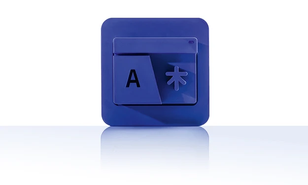 Das Symbol ist unicolor blau und zeigt zwei überlappende Karteikartenelemente. Auf dem vorderen ist links ein großes „A“ zu sehen, rechts ein Zeichen in asiatischer Schrift. Das Icon ist in einem Quadrat mit abgerundeten Ecken eingebettet. Es symbolisiert die Mehrsprachige Oberfläche von crossbase.
