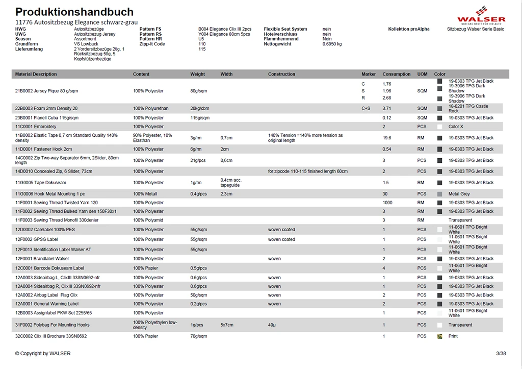 Seite eines automatisiert erstellten Produktionshandbuchs von WALSER mit technischen Daten.
