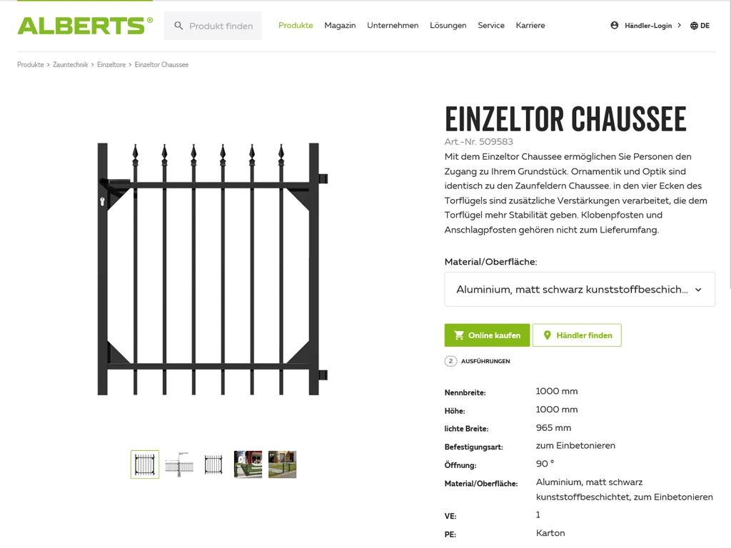 Screenshot des Gust. Alberts-Onlinekatalogs mit Produktinformationen aus der crossbase-Datenbank.