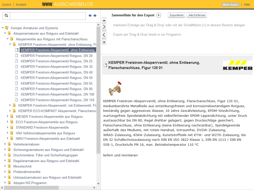 Screenshot von AUSSCHREIBEN.DE mit Produkten von KEMPER.