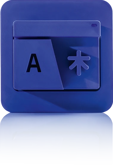 Das Symbol ist unicolor blau und zeigt zwei überlappende Karteikartenelemente. Auf dem vorderen ist links ein großes „A“ zu sehen, rechts ein Zeichen in asiatischer Schrift. Das Icon ist in einem Quadrat mit abgerundeten Ecken eingebettet. Es symbolisiert die Mehrsprachige Oberfläche von crossbase.