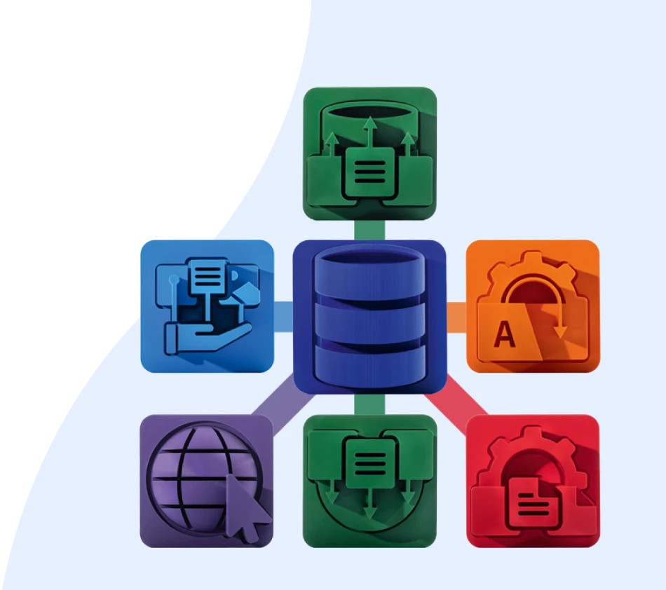 Ein zentrales Datenbanksymbol ist über farbige Linien mit sechs Icons verbunden, die die Bereiche Print, Übersetzung, Datenbereitstellung und -export sowie Online von crossbase darstellen. Der Hintergrund ist zweigeteilt durch eine Wellenform, die von unten links nach oben rechts aufsteigt.