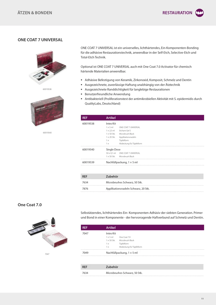 Seite aus dem „Restauration“-Katalog von COLTENE mit Produktinformationen aus der crossbase-Datenbank.