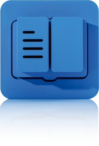 The symbol consists of a surrounding blue square with rounded corners. Inside is an open, stylized book with lines on the left-hand side. It stands for the Channel Output Management of crossbase.