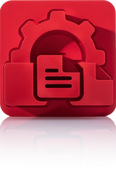 The symbol is unicolor red and shows a cogwheel in which a stylized document with three horizontal lines is integrated. The icon is located in a square with rounded corners. This icon stands for crossbase print publishing.