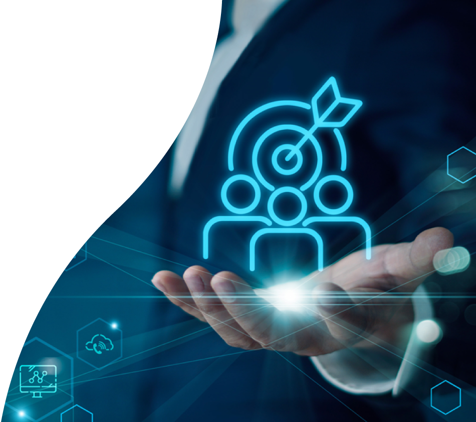 The image shows an open hand with a glowing graphic of three people and a target symbol with an arrow hovering above it. It symbolizes data provision in the digital business environment. The background contains modern, technological elements and conveys an innovative impression.