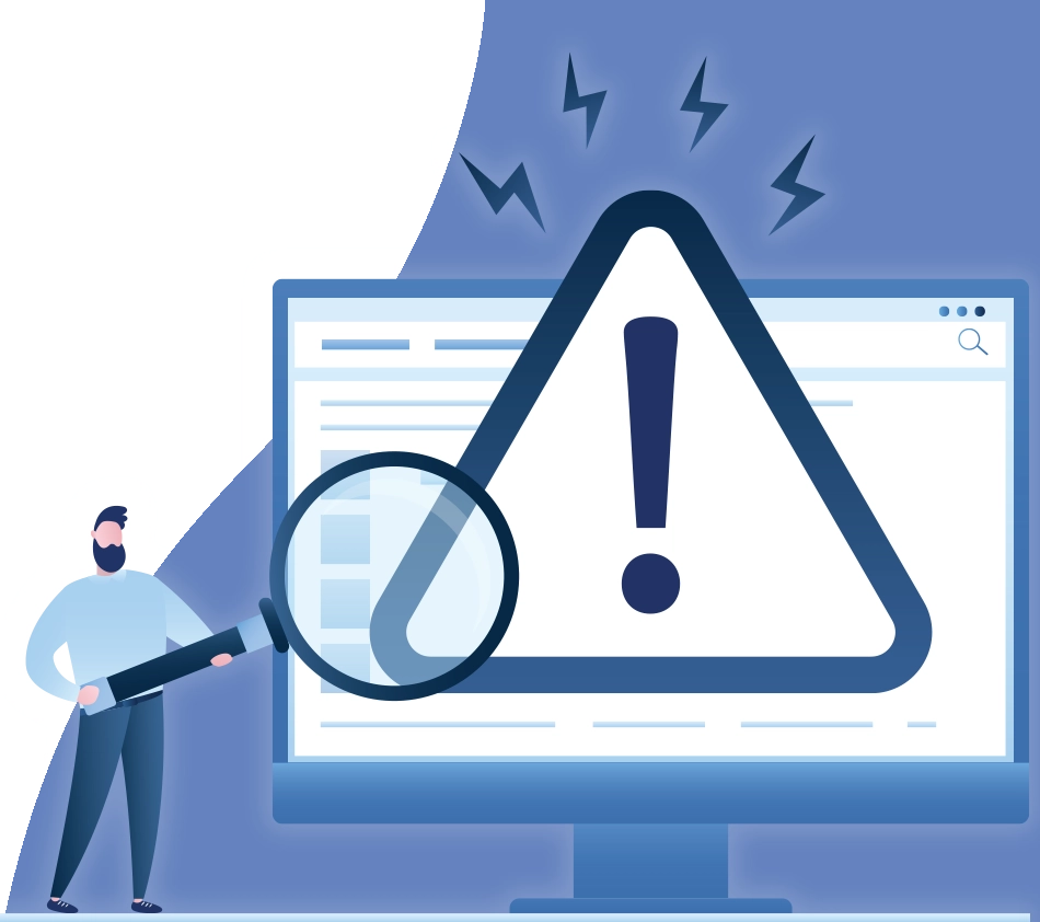 A graphic designer holding a magnifying glass over a screen monitor. A warning cross symbolizes the danger posed by security vulnerabilities.