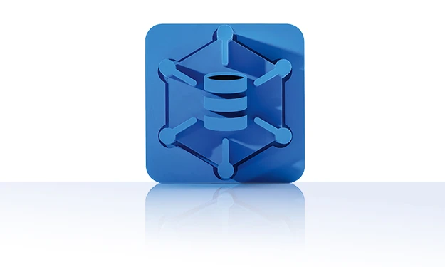 The symbol is unicolor blue and shows a stylized database from which six lines lead to the corners of a surrounding hexagon. There are dots at the corners of the hexagon and the symbol is surrounded by a square with rounded corners. It stands for the crossbase product database.