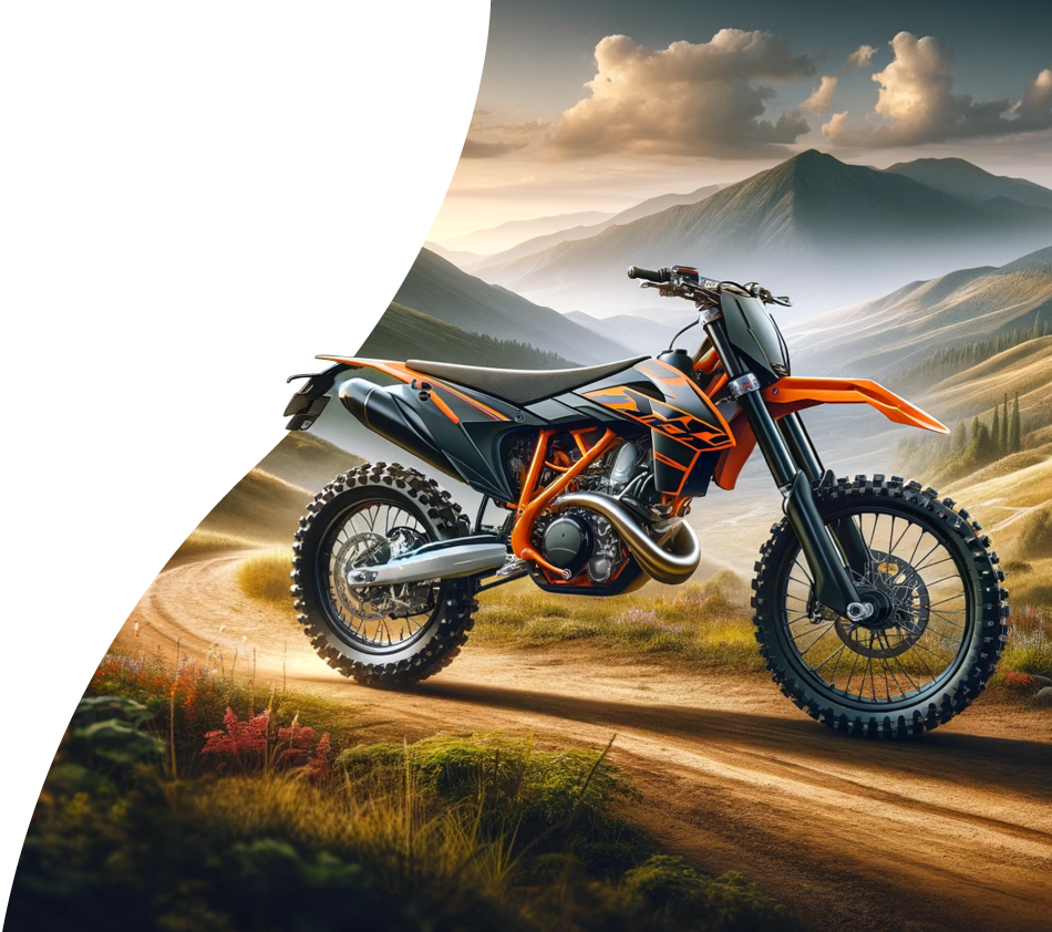 Ki-generated image of a parked, black and orange motorcycle on a dirt road. Mountains can be seen in the background.