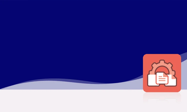 The symbol is unicolor red and shows a cogwheel in which a stylized document with three horizontal lines is integrated. The icon is located in a square with rounded corners. This icon stands for crossbase print publishing.