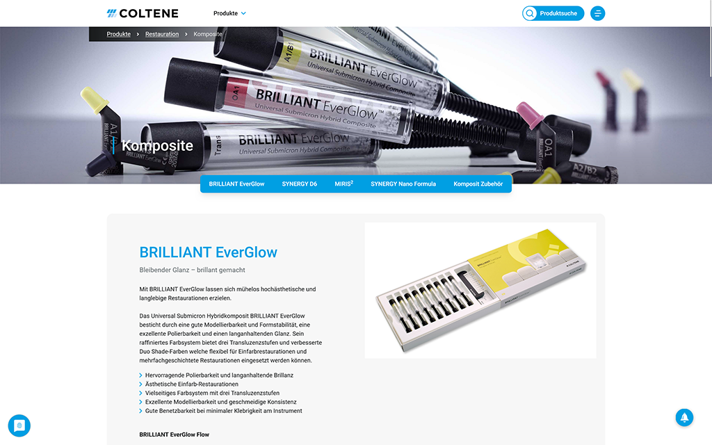 The screenshot shows a product in COLTENE's online catalog in the detailed view. The product information displayed comes from the crossbase PIM system at COLTENE.