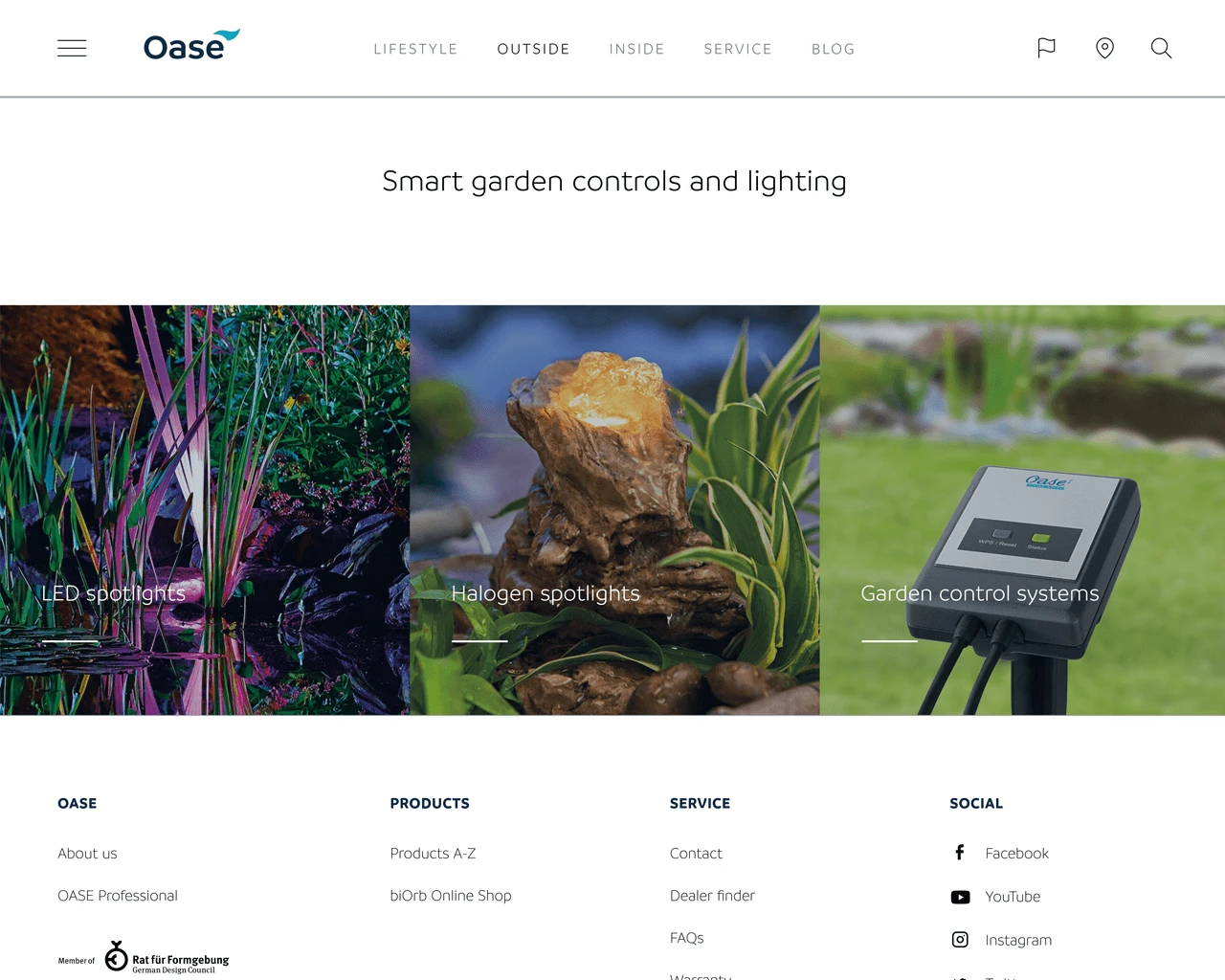Screenshot of the OASE website with product information from the crossbase database.