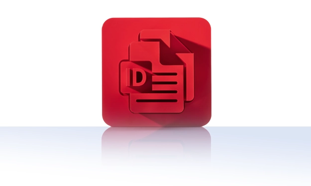 The symbol is unicolor red and shows a cogwheel in which a stylized document with three horizontal lines is integrated. The icon is located in a square with rounded corners. This icon stands for crossbase print publishing.