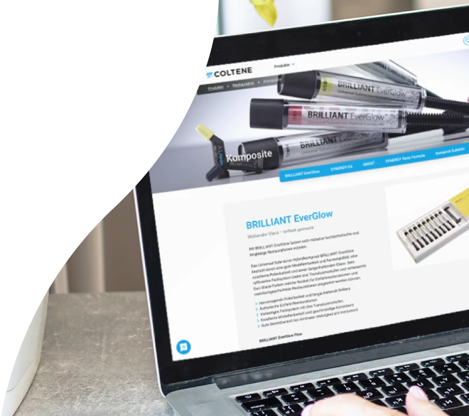 An opened laptop shows the COLTENE online catalog. The person in front of the laptop is looking at a product page with an image and descriptive text.