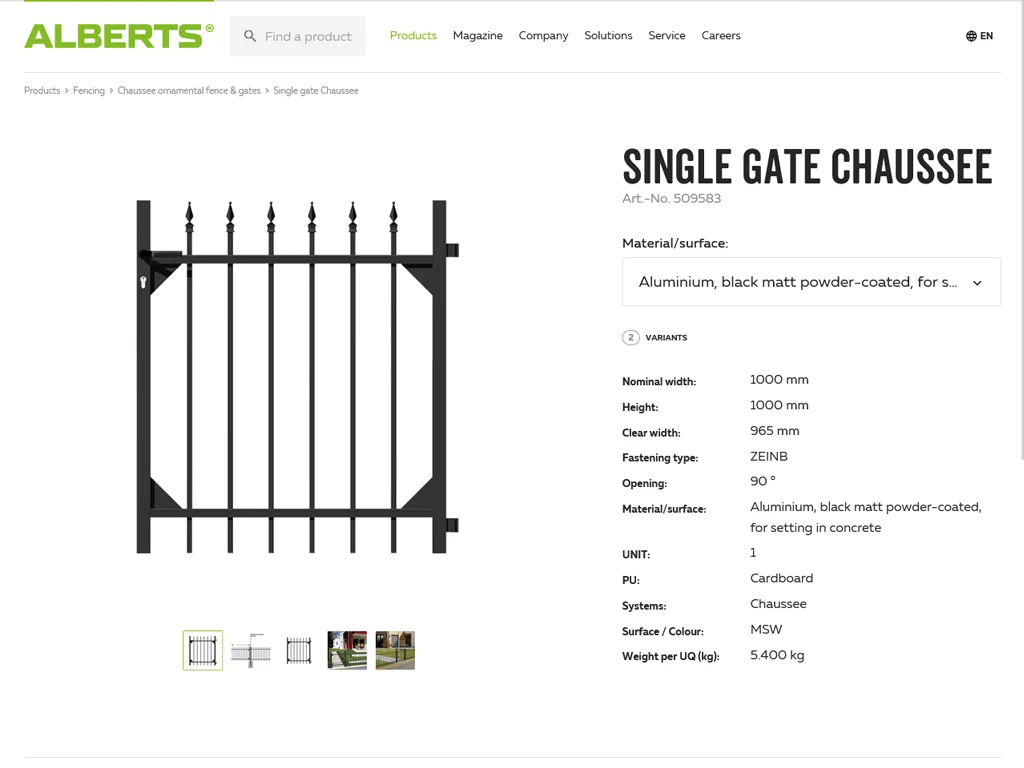 Screenshot of the Gust. Alberts online catalog with product information from the crossbase database.