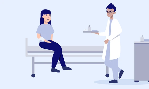 Illustration d'une scène médicale : une patiente est assise sur un lit d'hôpital, le bras bandé, et regarde vers la droite un médecin en blouse. Il porte un plateau avec des ustensiles. À sa droite se trouve un chariot médical avec des appareils. La scène symbolise le secteur de la technique médicale.