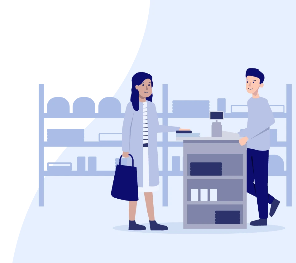 Illustration d'une scène de vente dans un magasin : une femme portant un sac à provisions se tient à un comptoir et parle à un vendeur. En arrière-plan, on peut voir des étagères avec des produits. La scène reproduit une expérience d'achat dans le commerce stationnaire et symbolise le secteur des biens de consommation.