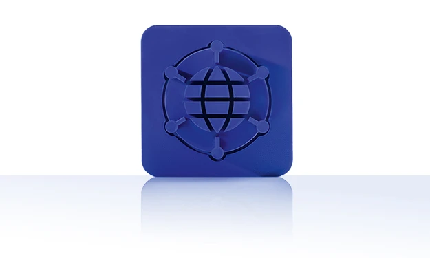 Le symbole est unicolore bleu et représente un globe stylisé avec un quadrillage de lignes de longitude et de latitude, entouré d'un réseau de six nœuds reliés dans un cercle. Elle se trouve dans un carré aux coins arrondis. Cette icône représente le serveur d'applications web de crossbase.