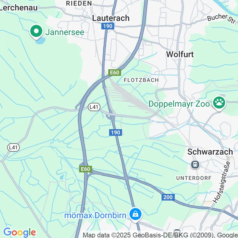 Vue cartographique de Google Maps montrant l'emplacement de crossbase mediasolution GmbH à Wolfurt (Autriche).