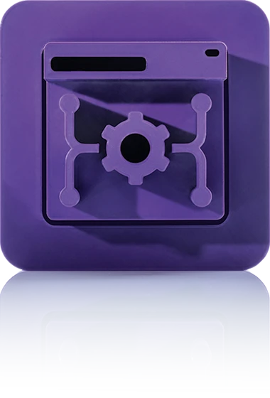 Le symbole est violet unicolore et représente une fenêtre stylisée avec quatre points reliés entre eux dans les coins, entourant une forme de roue dentée centrale. Il est représenté dans un carré aux coins arrondis. Cette icône représente le CMS headless de crossbase.