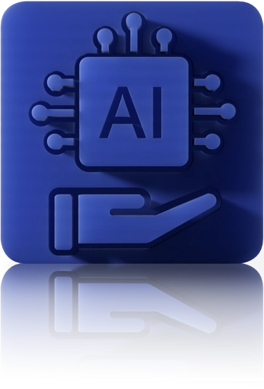 Icône bleue : puce électronique portant la mention « IA » et des pistes conductrices au-dessus d'une main ouverte – symbole du module d'IA et des fonctions d'IA.