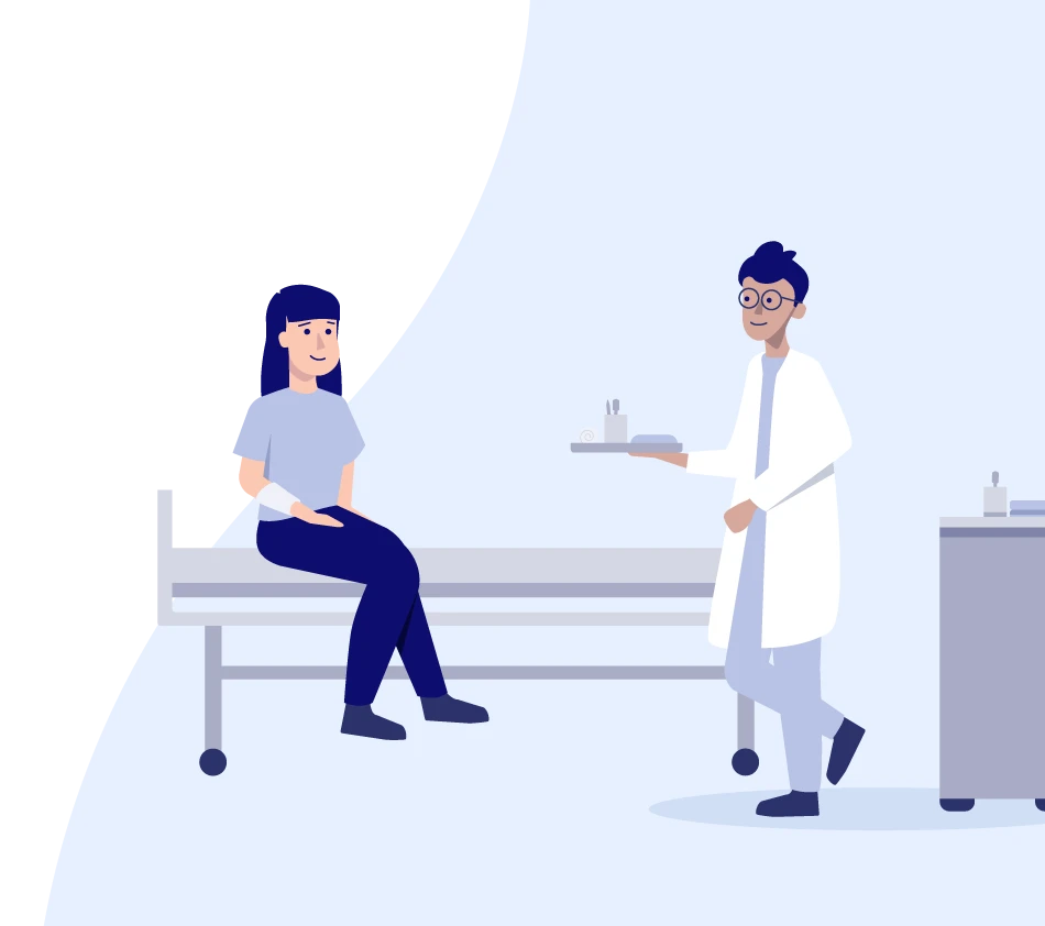 Illustration d'une scène médicale : une patiente est assise sur un lit d'hôpital, le bras bandé, et regarde vers la droite un médecin en blouse. Il porte un plateau avec des ustensiles. À sa droite se trouve un chariot médical avec des appareils. La scène symbolise le secteur de la technique médicale.